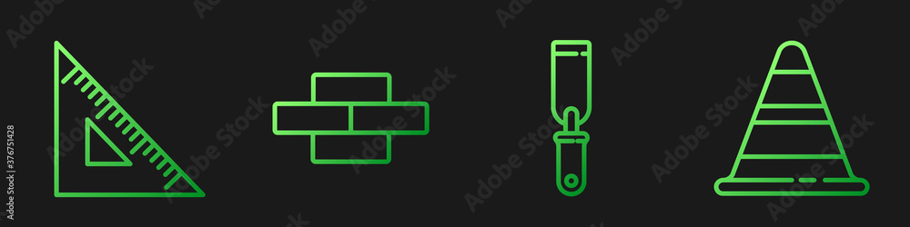 设置线条Rasp金属锉、三角尺、砖块和交通锥。渐变色图标。矢量。