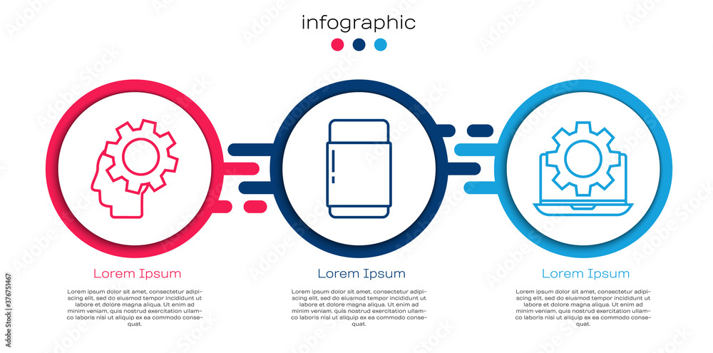 内置齿轮、橡皮擦或橡胶、笔记本电脑和齿轮的人头。商业信息图项目
