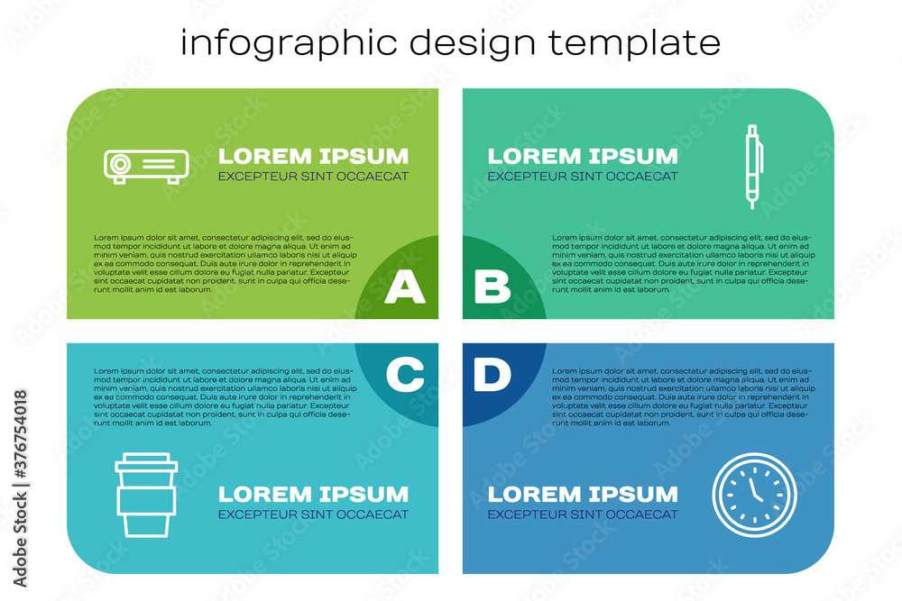 设置行咖啡杯，电影，电影，媒体投影仪，时钟和笔。商业信息图模板
