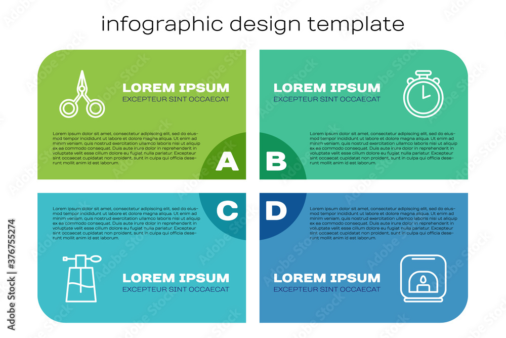 Set line Perfume, Scissors, Aroma lamp and Stopwatch. Business infographic template. Vector.