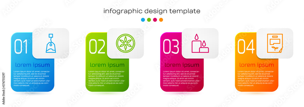 Set line Tea bag, Leaf plant nature, Burning candle and document. Business infographic template. Vec