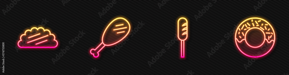 Set line Fried sausage, Taco with tortilla, Chicken leg and Donut. Glowing neon icon. Vector.