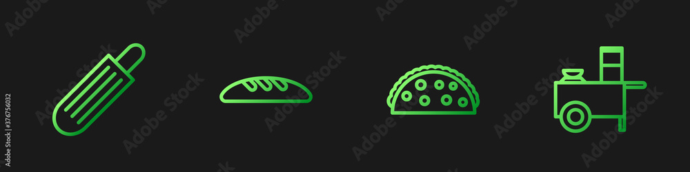 Set line Taco with tortilla, French hot dog, Bread loaf and Fast street food cart. Gradient color ic