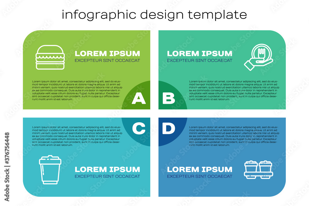 设置在线咖啡杯、汉堡和在线订购和配送。商业信息图模板。