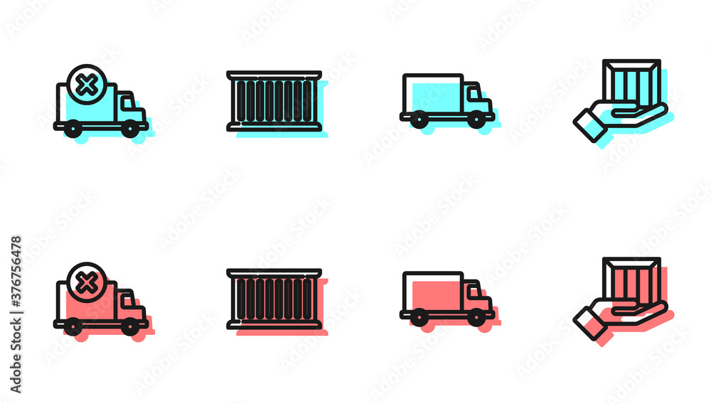 Set line Delivery cargo truck vehicle，Container and hand with boxes icon.Vector（设线送货货车，集装箱和带箱子的手图标。矢