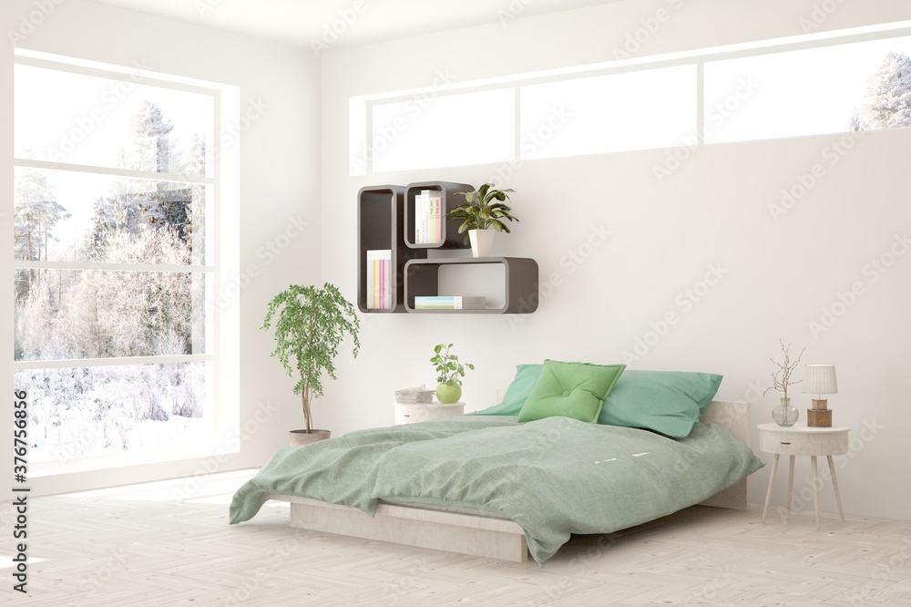 Stylish bedroom in white color with winter landscape in window. Scandinavian interior design. 3D ill