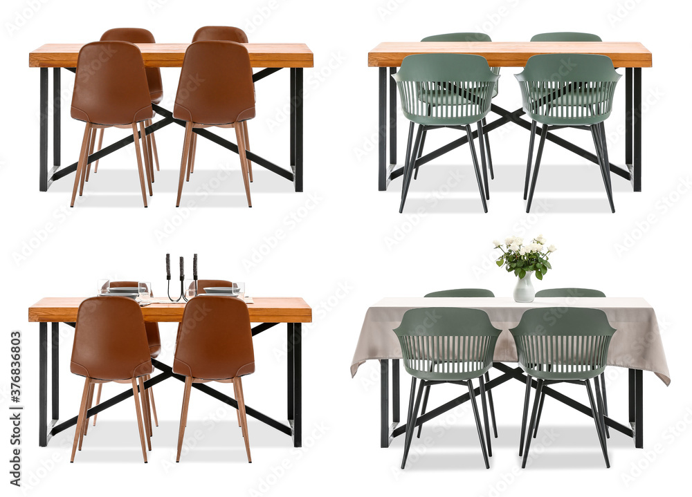 Set of different tables and chairs on white background