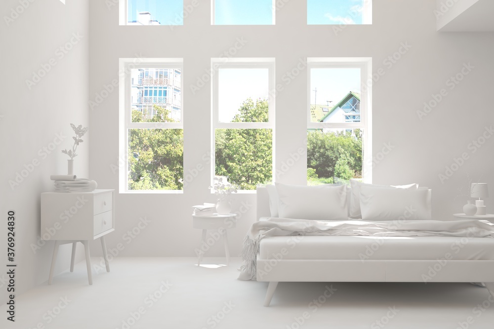 Modern bedroom in white color. Scandinavian interior design. 3D illustration