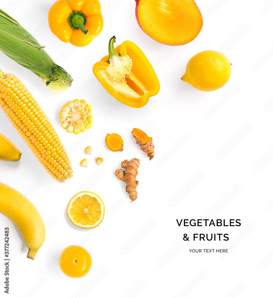 Creative layout made of yellow vegetables and fruits. Flat lay. Food concept. Lemon, yellow pepper, 