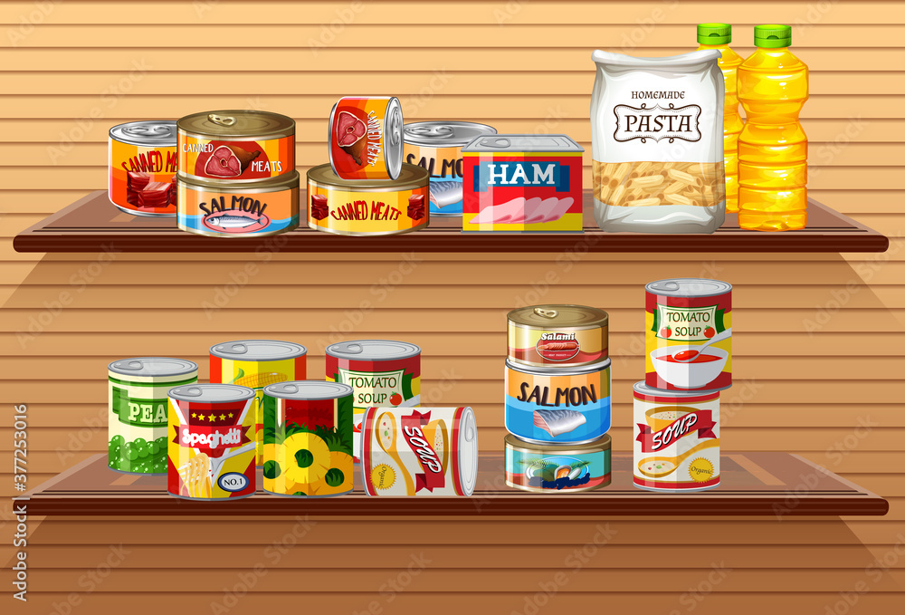 Many different canned foods or processed food on wall shelves