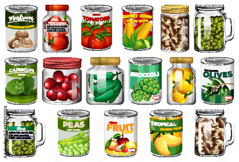 Set of different canned food and food in jars isolated