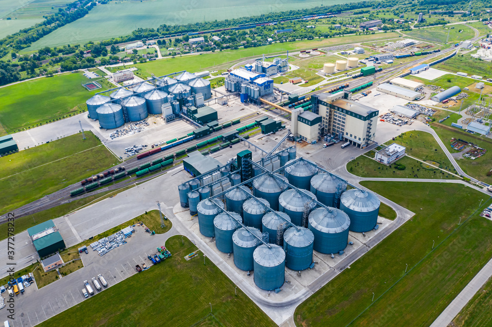 Station of bio gas production. Modern factory. Ecological production. View from above. Plant in fiel