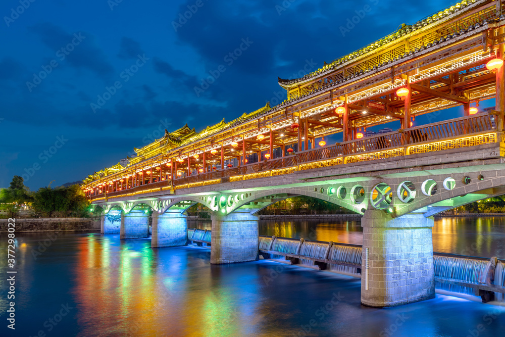 A bridge with ethnic characteristics, the night view of Duyun, Guizhou, China.