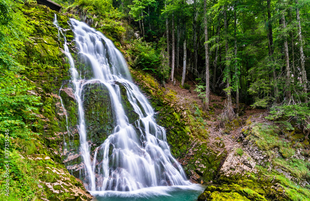 View of Giessbach Waterfall at Brienzersee Lake in Switzerland