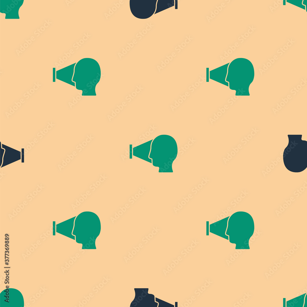 Green and black Face recognition icon isolated seamless pattern on beige background. Face identifica