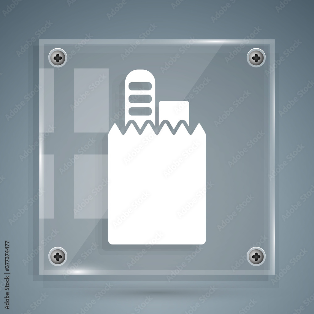 White Online ordering and fast food delivery icon isolated on grey background. Square glass panels. 