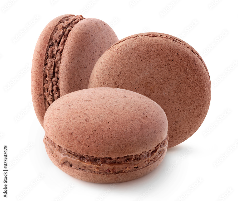 Three сhocolate macaroons isolated on white background