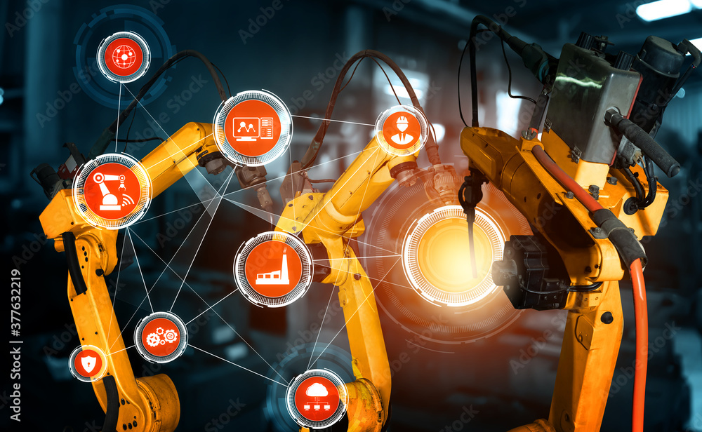 Smart industry robot arms for digital factory production technology showing automation manufacturing