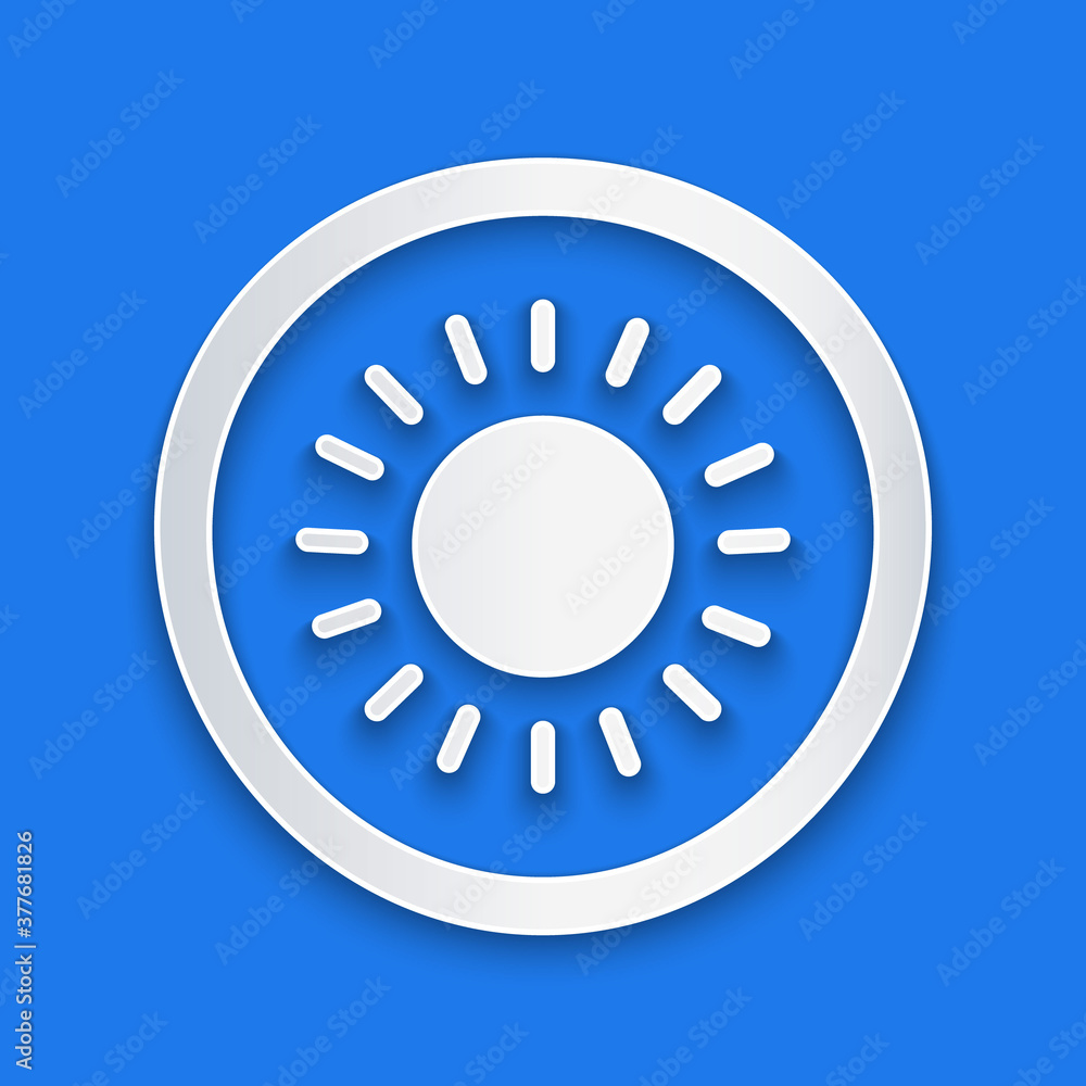 Paper cut Sun icon isolated on blue background. Summer symbol. Good sunny day. Paper art style. Vect