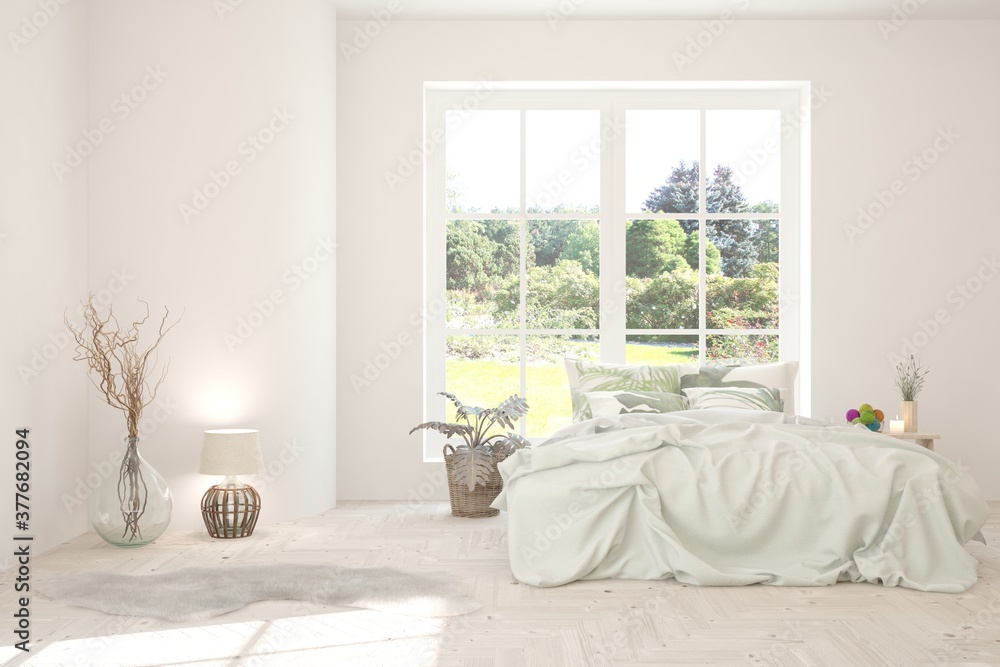 White bedroom interior. Scandinavian design. 3D illustration