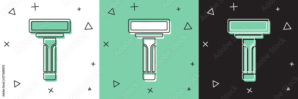 将剃须刀图标隔离在白色和绿色，黑色背景上。矢量。