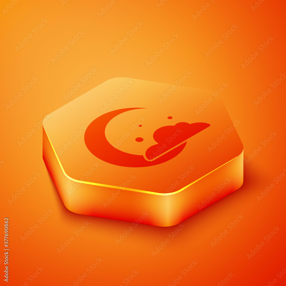 Isometric Moon and stars icon isolated on orange background. Cloudy night sign. Sleep dreams symbol.