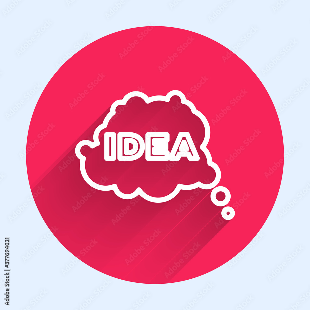 White line Idea, speech bubble icon isolated with long shadow. Message speech bubble idea with cloud