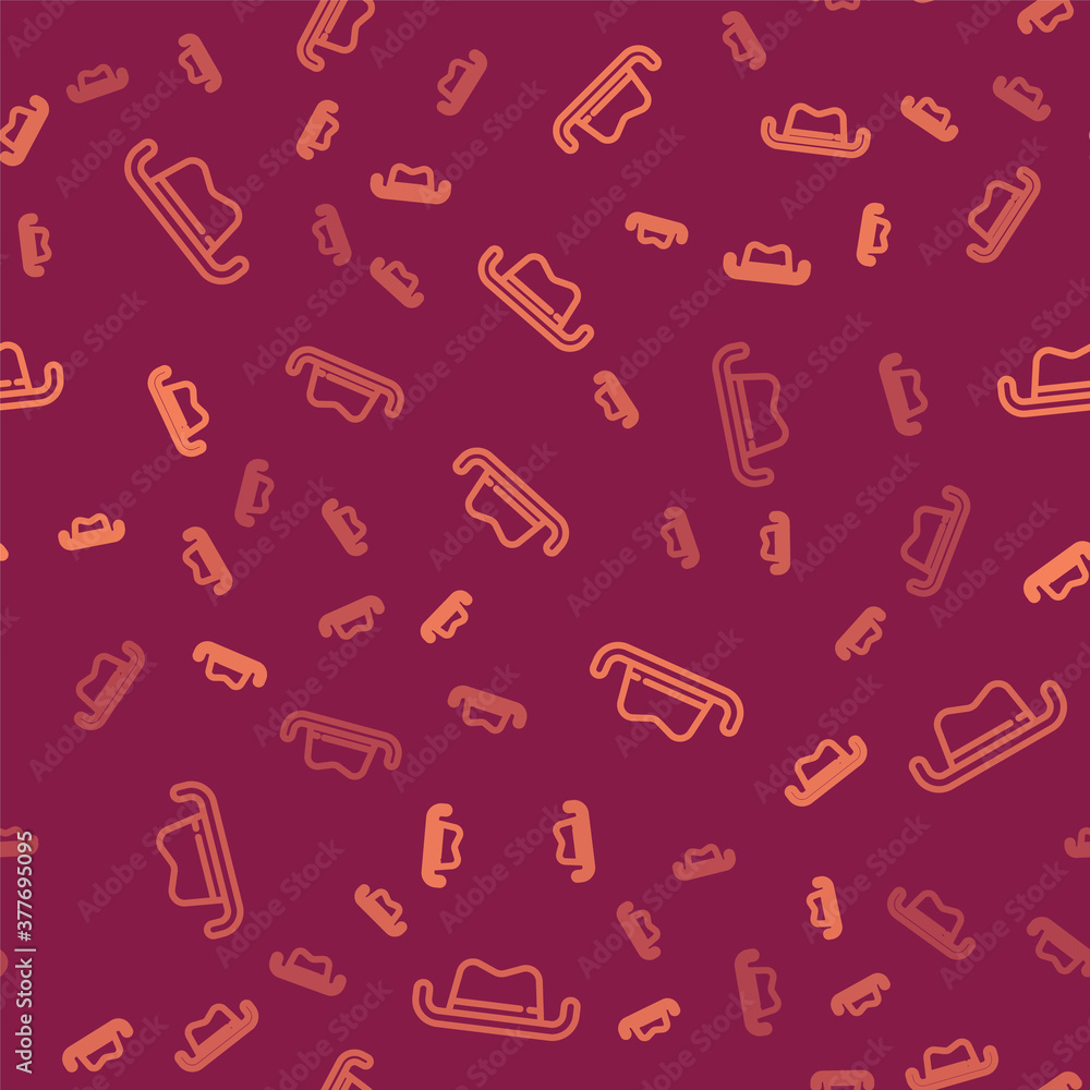 Brown line Western cowboy hat icon isolated seamless pattern on red background. Vector.