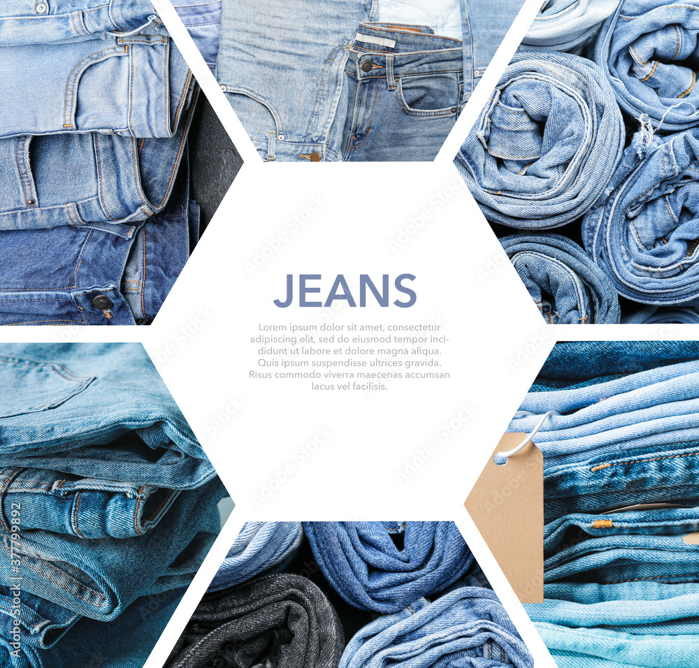 Collage of photos with stylish jeans pants and space for text