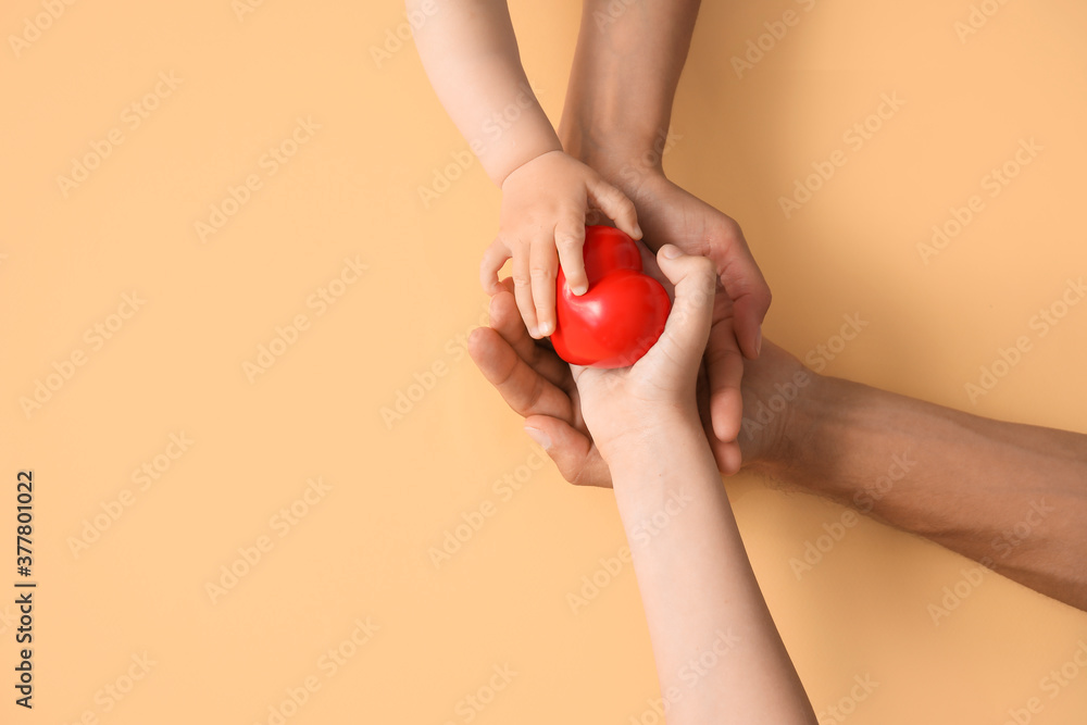 Hands of family with heart on color background