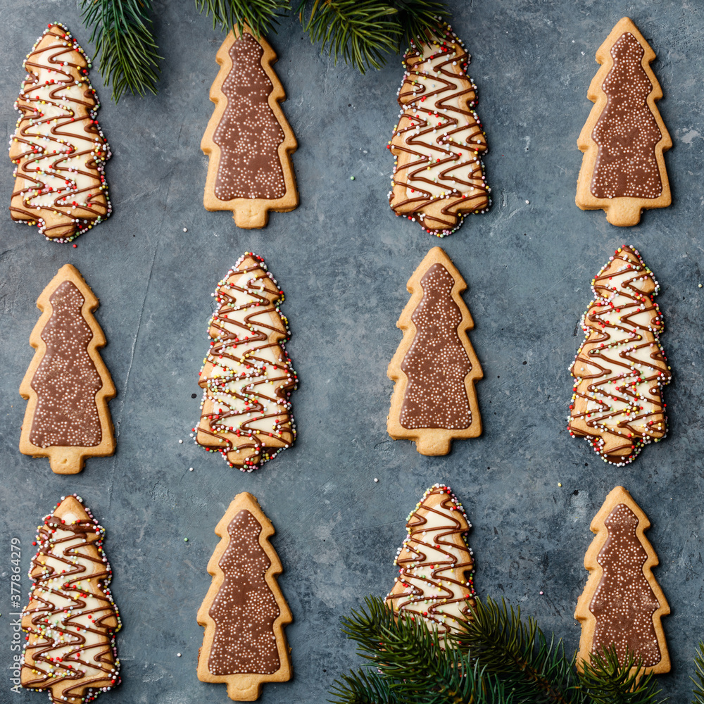 Christmas gingerbread cookies in the shape of a Christmas tree and Christmas tree branches