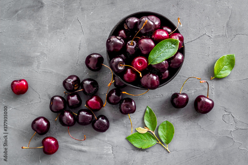 Plate of ripe red cherries with leaves, top view