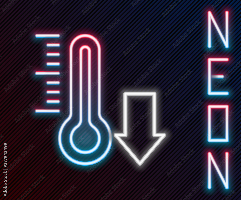 Glowing neon line Meteorology thermometer measuring icon isolated on black background. Thermometer e