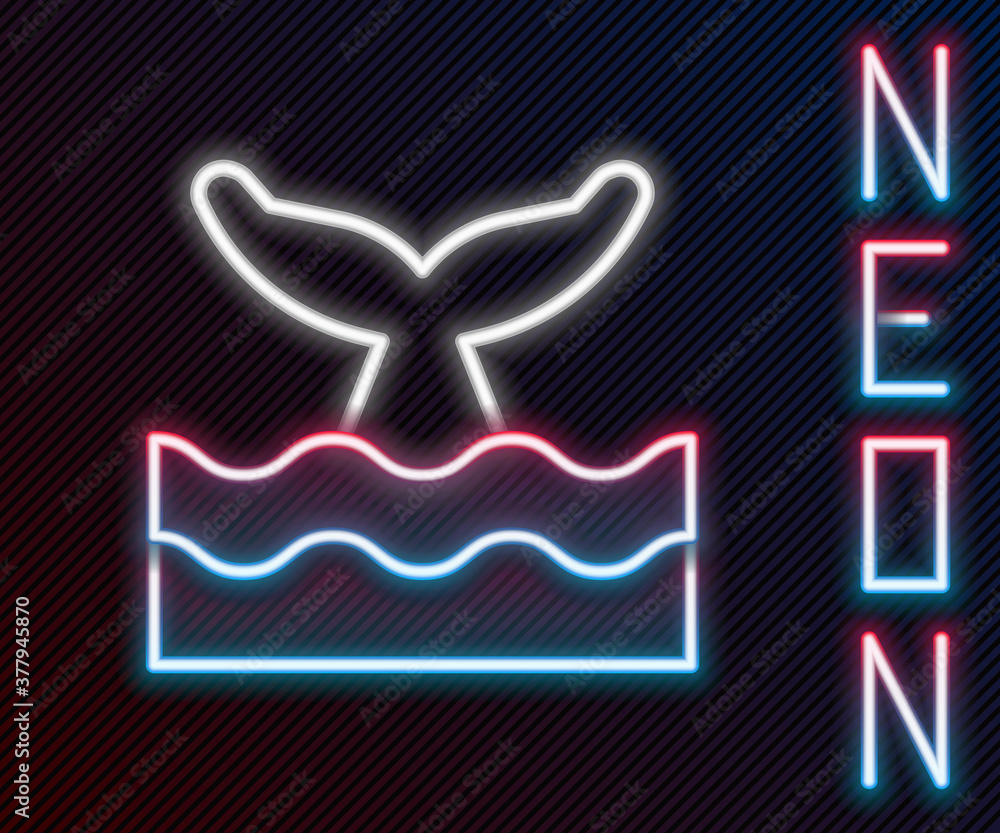 Glowing neon line Whale tail in ocean wave icon isolated on black background. Colorful outline conce