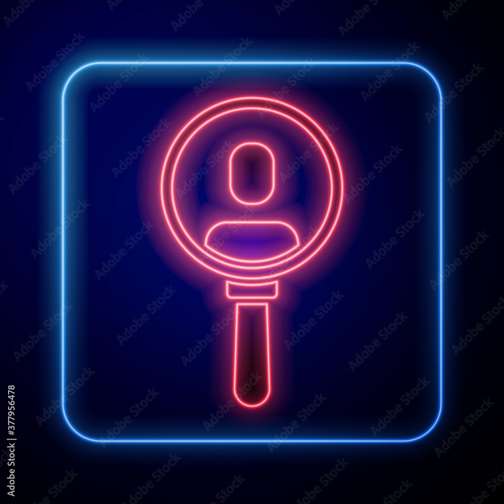 Glowing neon Magnifying glass for search a people icon isolated on blue background. Recruitment or s