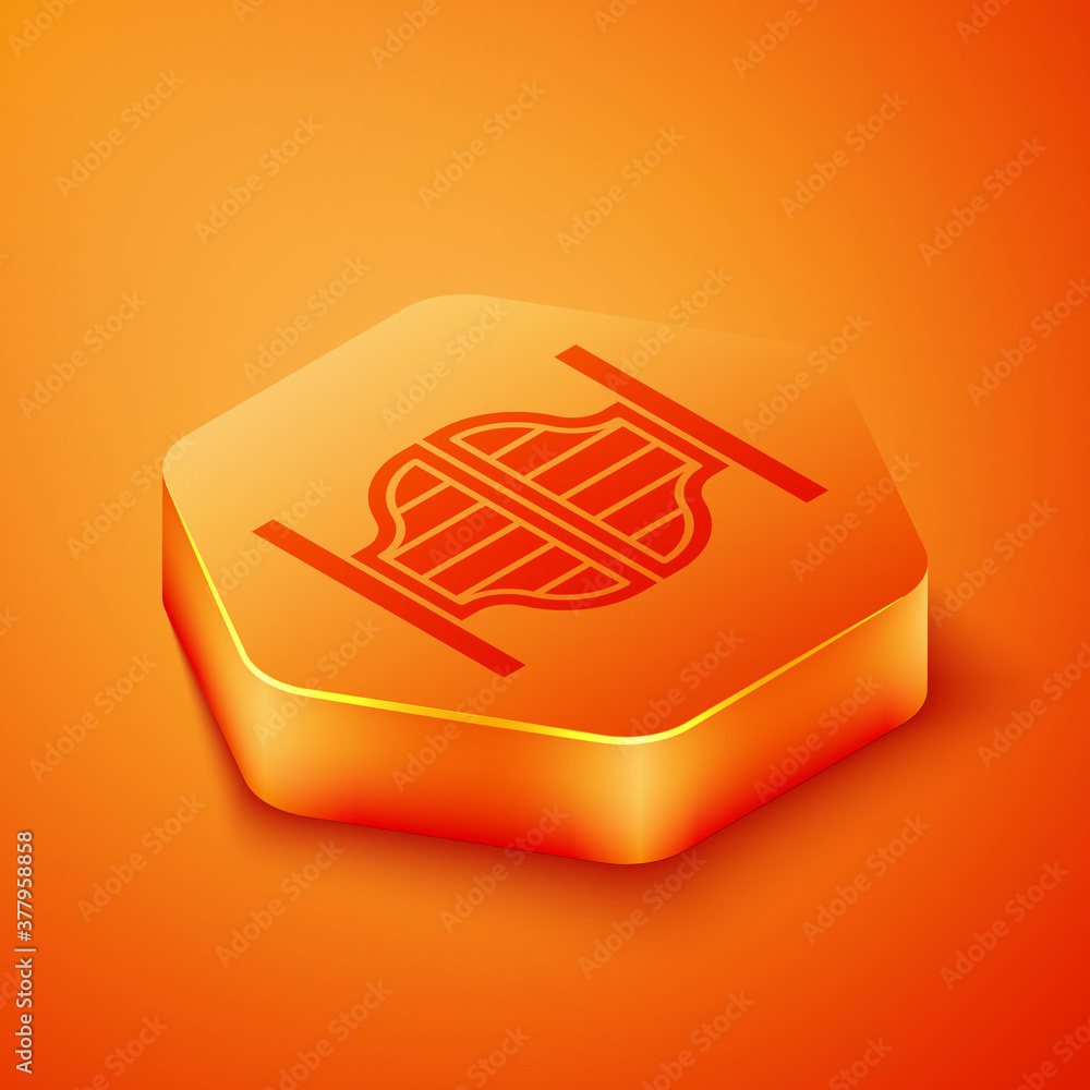 Isometric Old western swinging saloon door icon isolated on orange background. Orange hexagon button