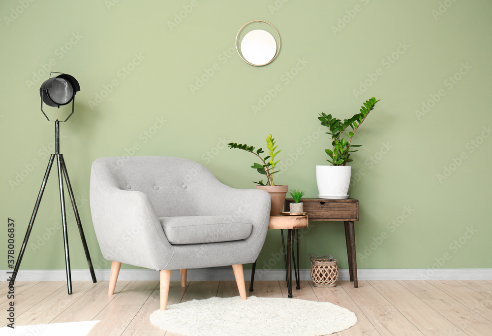 Interior of room with stylish armchair and houseplants near color wall