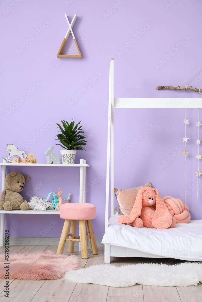 Interior of modern childrens room with comfortable bed