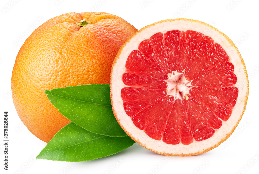 Whole and cut grapefruits on white background. Organic grapefruit isolated on white background. Tast