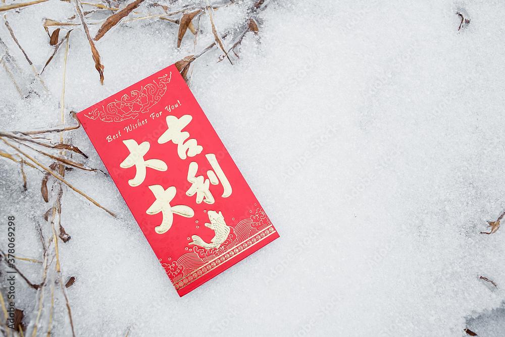 New Year red envelopes on the snow/Chinese New Year background