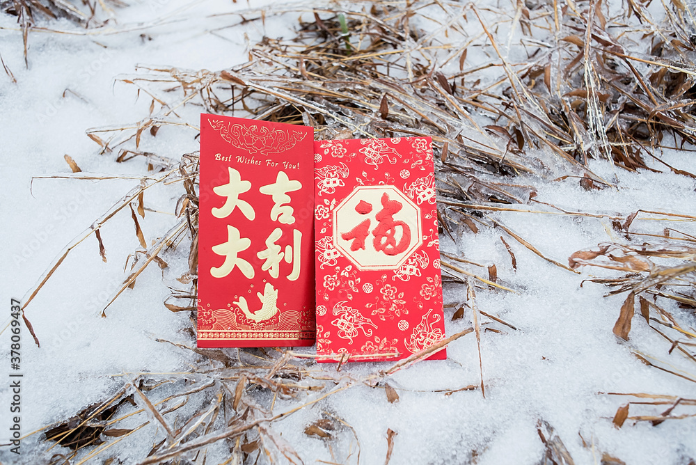 New Year red envelopes on the snow/Chinese New Year background