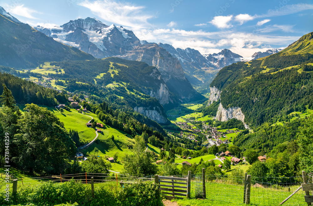 View of the Lauterbrunnen valley in Swiss Alps