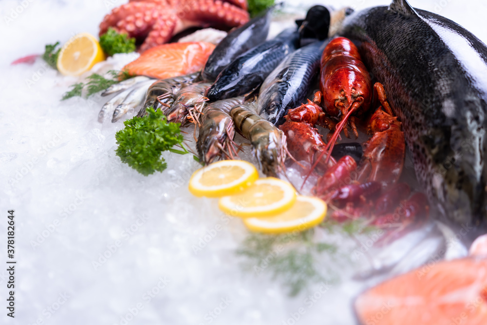 Fresh fish and seafood on ice pile