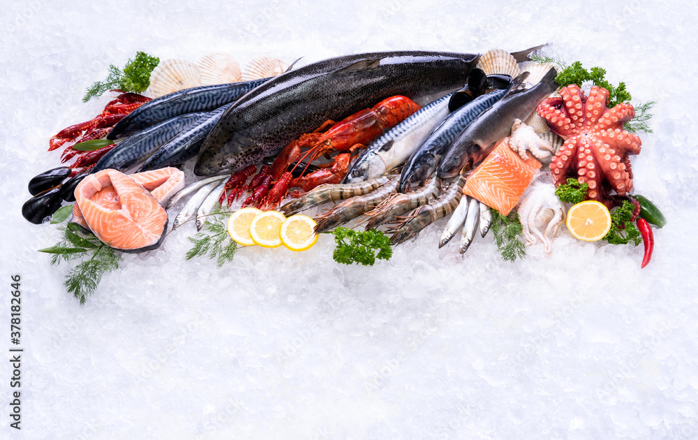 Fresh fish and seafood on ice pile