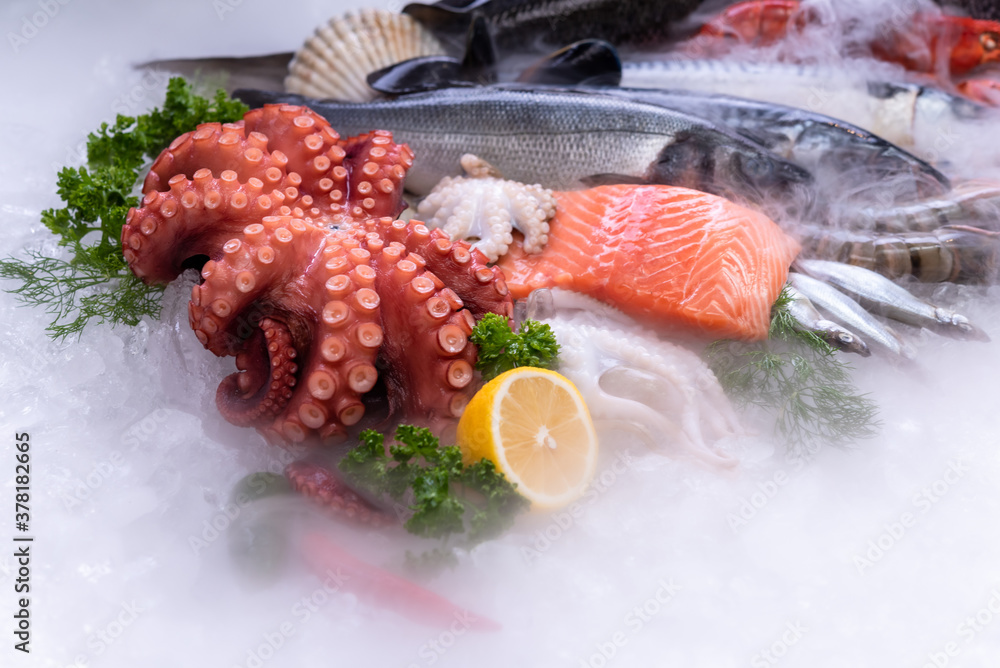 Octopus and seafood on ice pile