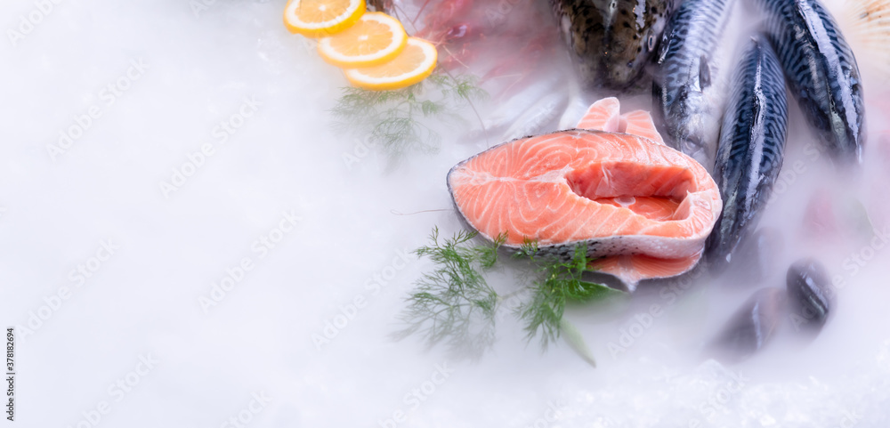 Salmon  together with seafood on ice pile