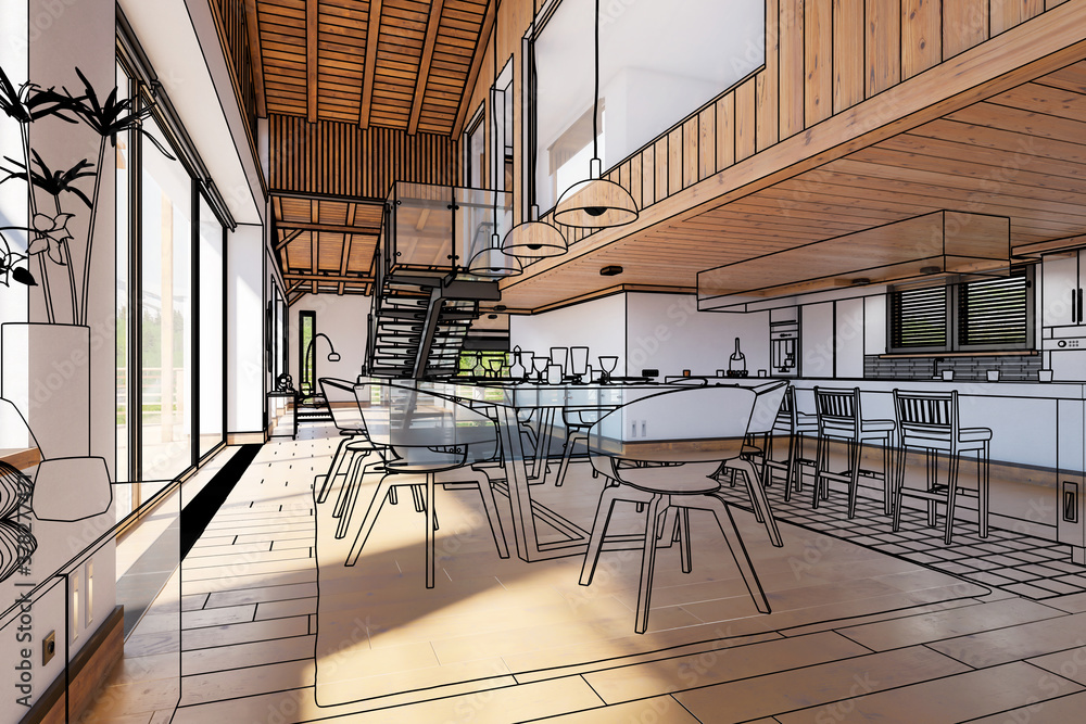 Modern Residential Loft with Dining Room & Kitchen (draft) - 3d visualization