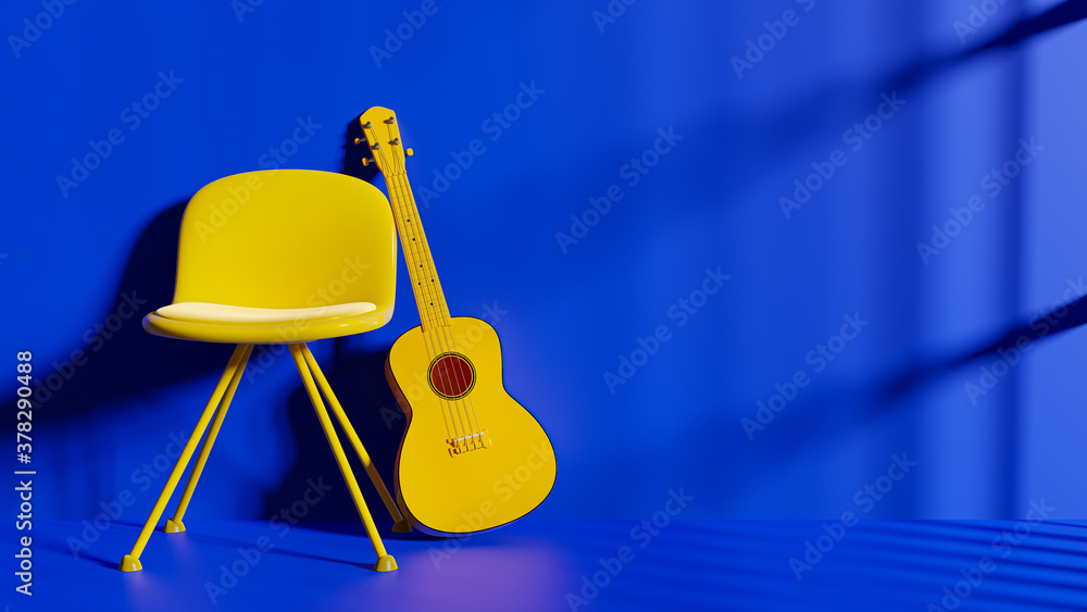 Yellow guitar beside the chair In the blue room. Minimal idea concept, 3D render.