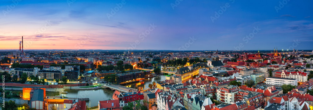 Panorama of the Wrocław old town at sunset. Poland