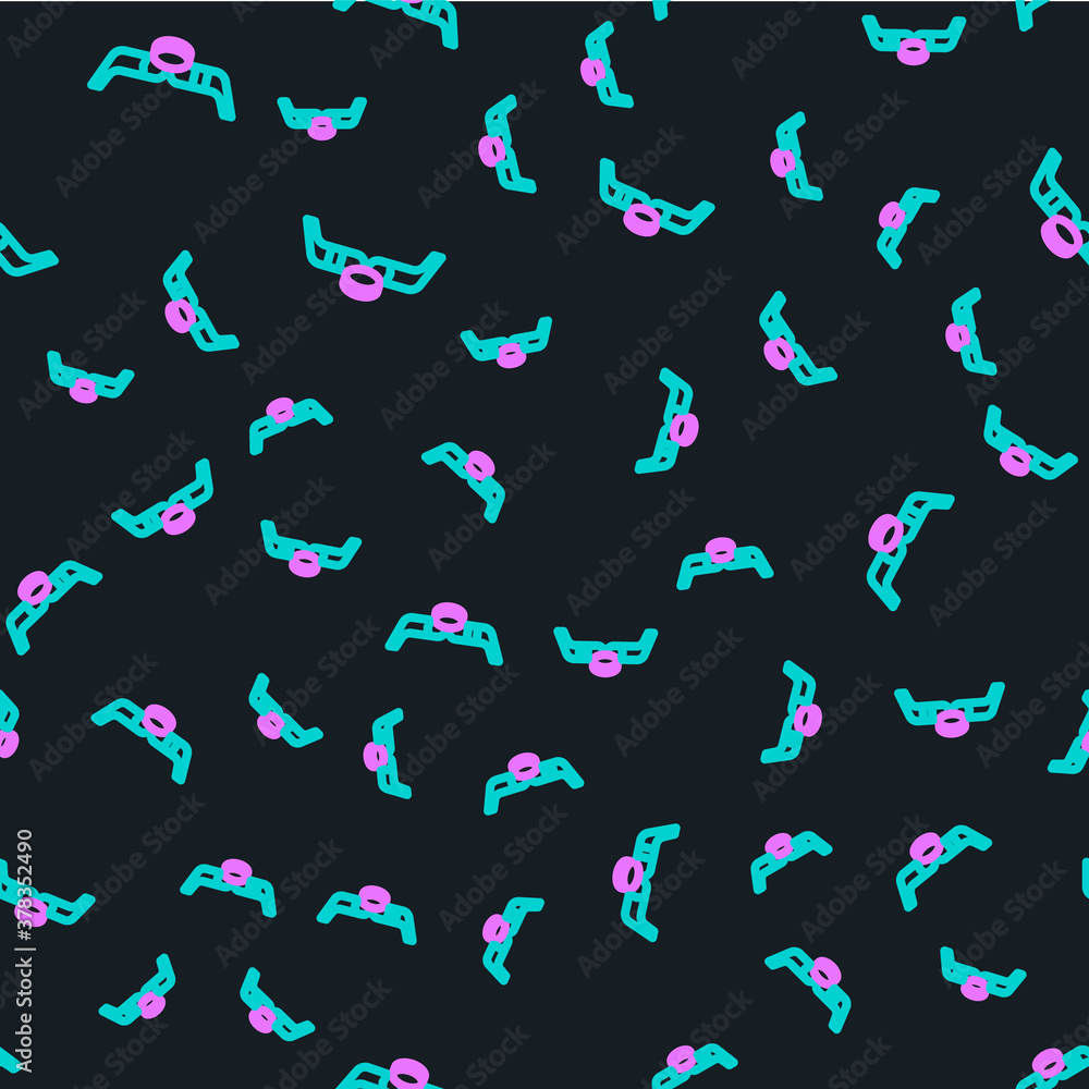 Line Ice hockey sticks and puck icon isolated seamless pattern on black background. Game start. Vect